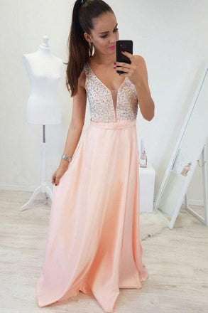 A-Line V-Neck Floor-Length Pearl Pink Prom Dresses with Beading INR6