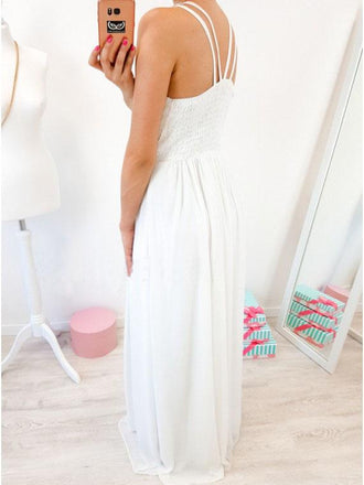 A-Line Crew Floor-Length White Chiffon Prom Dresses with Pearls INR5