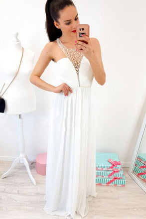 A-Line Crew Floor-Length White Chiffon Prom Dresses with Pearls INR5