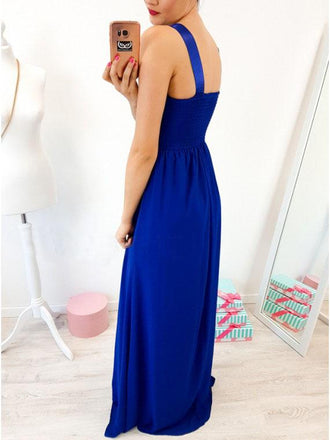 A-Line Round Neck Floor-Length Royal Blue Prom Dresses with Lace Pleats INR4