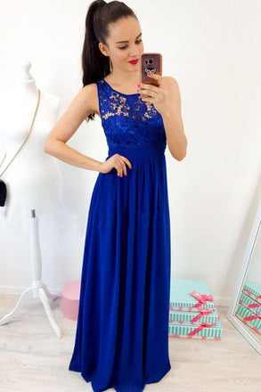 A-Line Round Neck Floor-Length Royal Blue Prom Dresses with Lace Pleats INR4