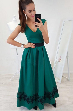A-Line V-Neck Cap Sleeves Floor-Length Dark Green Prom Dresses with Lace Pleats INR3