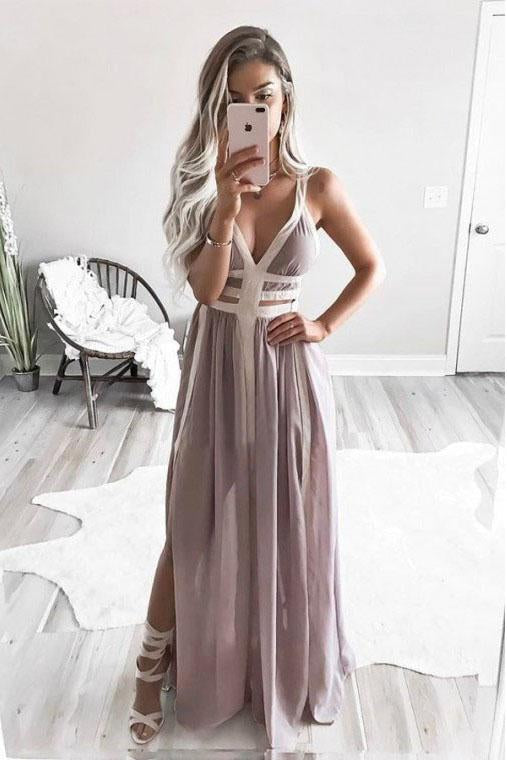 A-Line Straps Floor-Length Chiffon Pleated Prom Dresses with Split INR1