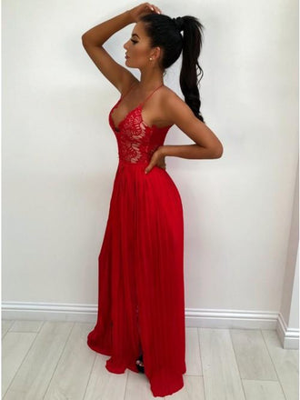 A-Line Spaghetti Straps Red Chiffon Prom Dresses with Lace Split INL33