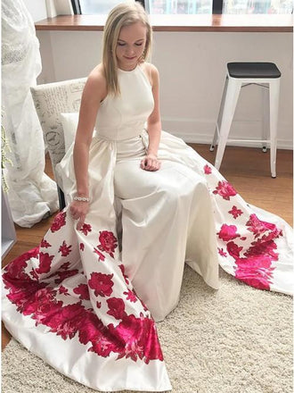 A Line Sleeveless Long White Printed Detachable Prom Dress INL36