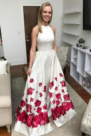 A Line Sleeveless Long White Printed Detachable Prom Dress INL36