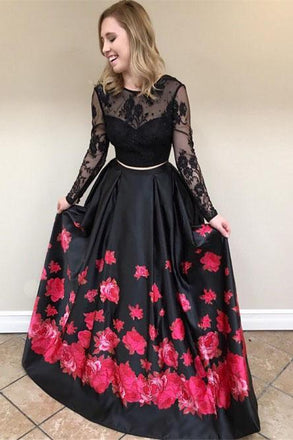 Two Piece Crew Long Sleeves Black Floral Printed Prom Dress with Lace INL34