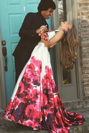 New Arrival Two Piece Sleeveless White Printed Prom Dress INL35
