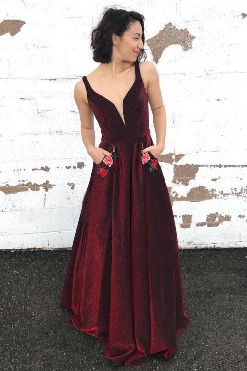 A-Line V-Neck Long Burgundy Prom Dress with Pockets Floral Appliques INQ90