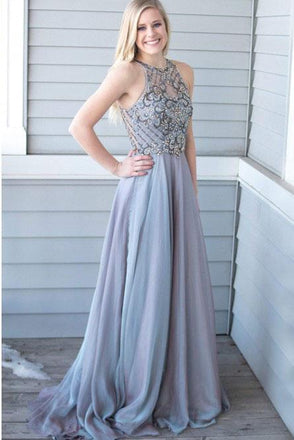Charming A-Line Crew Sweep Train Grey Chiffon Prom Dress with Beading INL42