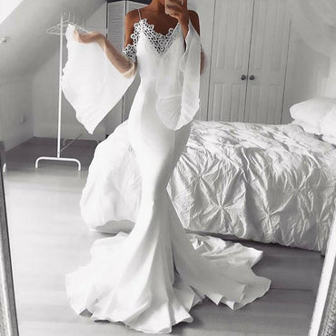 Mermaid Cold Shoulder Flare Sleeves White Prom Dress with Lace INK68