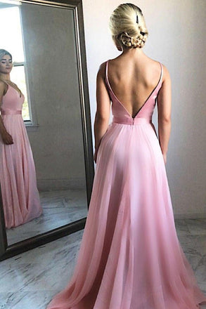 Flowing A-Line V-Neck Backless Pink Chiffon Long Prom Party Dress INF28