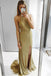 Sexy Sheath Halter Backless Sweep Train Gold Prom Party Dress with Split ING3