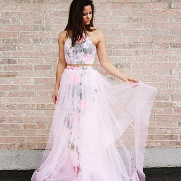A Line Halter Sleeveless Floor Length Floral Pink Prom Dresses INJ32