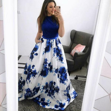 Fashion A-Line Jewel Blue Floral Long Prom Dress with Pockets INJ30