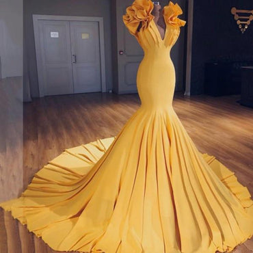 Charming Mermaid V-Neck Sleeveless Yellow Long Prom Dress with Ruffles INH3