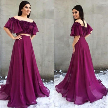 Two Piece A-Line Off the Shoulder Purple Chiffon Prom Dress with Appliques INH5