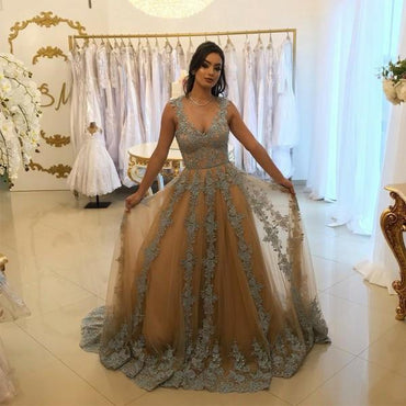 A-Line V-Neck Tulle Long Prom Dress with Lace Appliques INH6