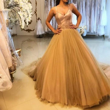Pretty A-Line Spaghetti Straps Tulle Gold Long Prom Dresses INH7