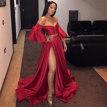 A-Line Off the Shoulder Red Split Front Long Prom Dress with Belt Sleeves INH8