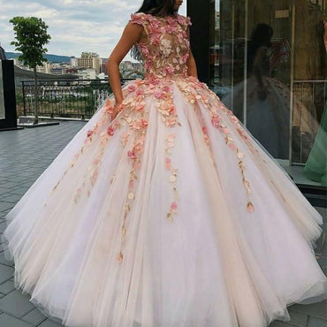 Jewel Tulle Long Cap Sleeves Ball Gown Prom Dress with Flower Appliques INH10