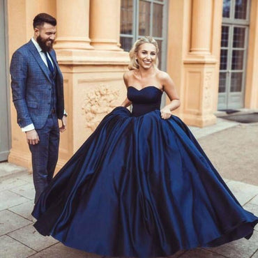 Simple Ball Gown Sweetheart Sleeveless Dark Blue Long Prom Dresses INH11