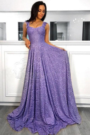 A-Line Straps Sleeveless Sweep Train Lavender Lace Prom Dresses INR8