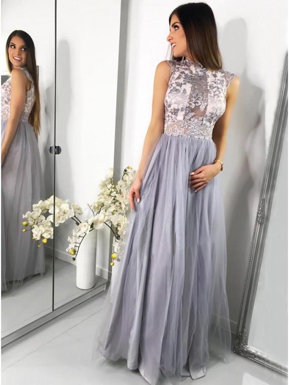 A-Line Jewel Floor-Length Tulle Prom Dress with Lace Appliques INF63