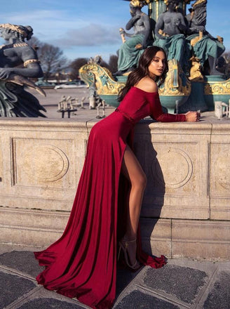 A-Line Off-the-Shoulder Long Sleeves Burgundy Elegant Prom Dress with Split INL66