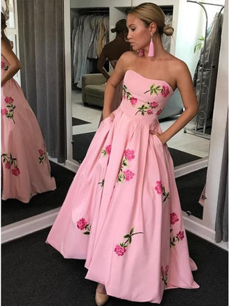 A-Line Sweetheart Strapless Pink Long Prom Dress With Embroidery Pockets INK63