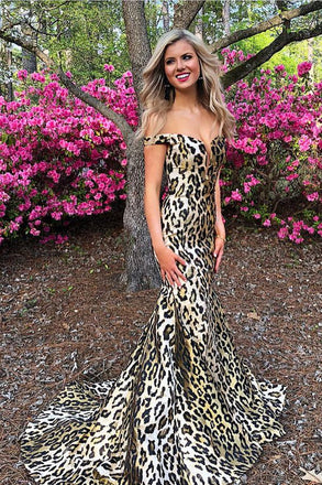 Mermaid Off-the-Shoulder Sweep Train Leopard Print Prom Dress INL65