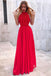 A-Line Jewel Floor-Length Red Chiffon Long Prom Party Dress with Ruffles INP5