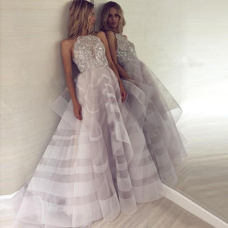 Fashion A-Line Crew Backless Lavender Organza Prom Dress with Beading ING20