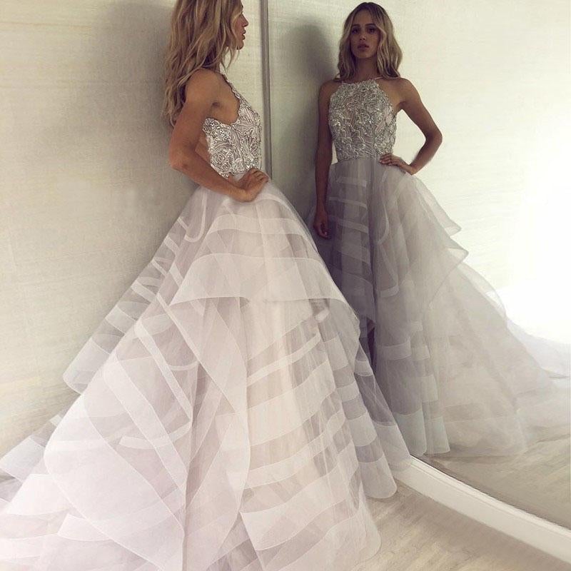 Fashion A-Line Crew Backless Lavender Organza Prom Dress with Beading ING20