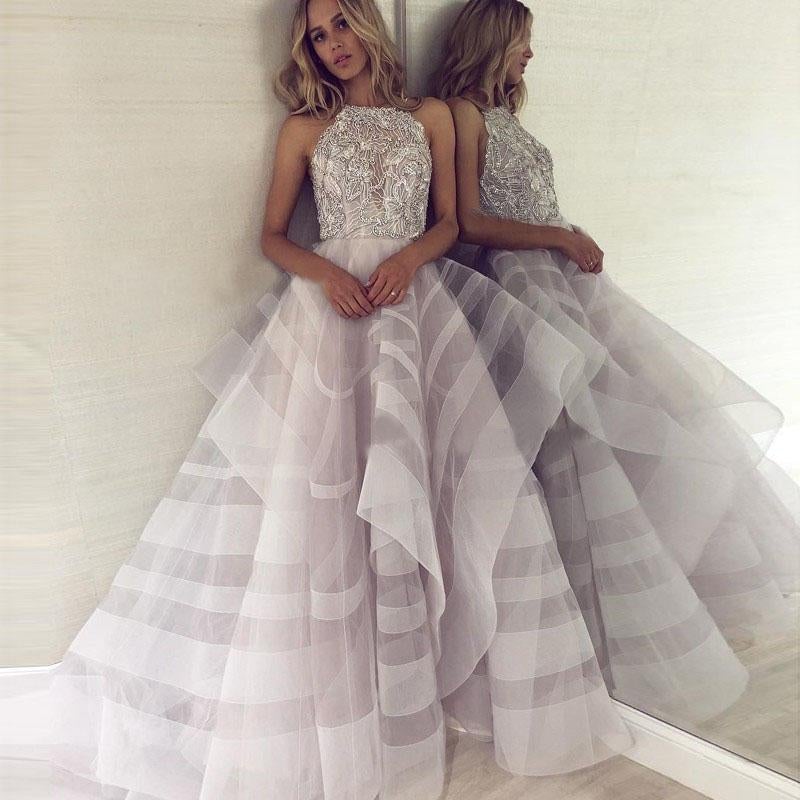 Fashion A-Line Crew Backless Lavender Organza Prom Dress with Beading ING20