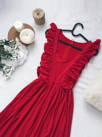 A-Line V-Neck Floor-Length Red Prom Dress with Split Ruffles INL84
