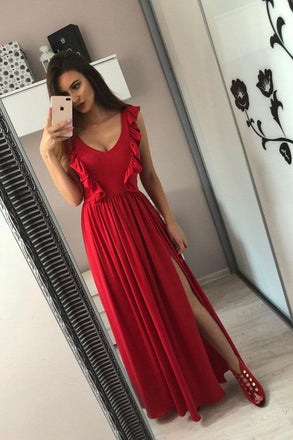 A-Line V-Neck Floor-Length Red Prom Dress with Split Ruffles INL84
