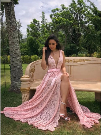 A-Line V-Neck Sweep Train Pink Lace Prom Dress with Split INP10