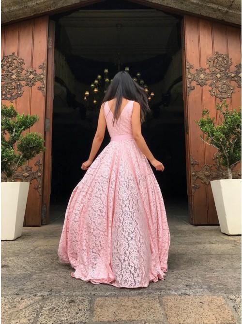A-Line V-Neck Sweep Train Pink Lace Prom Dress with Split INP10