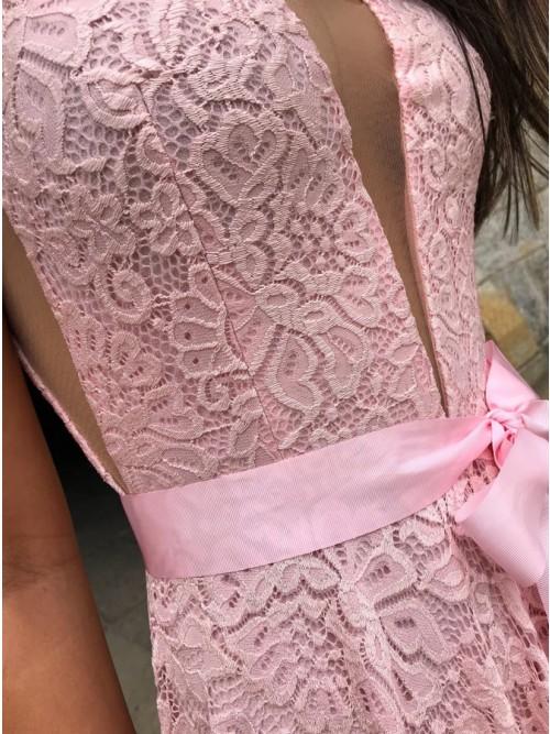 A-Line V-Neck Sweep Train Pink Lace Prom Dress with Split INP10