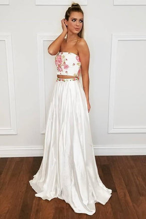 Two Piece Strapless Floor-Length Off White Prom Dress with Floral Appliques INI71