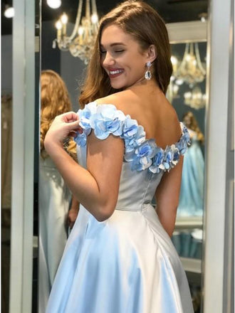 A-Line Off-the-Shoulder Light Blue Split Prom Dress with Flowers Pockets INP9