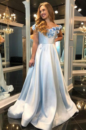 A-Line Off-the-Shoulder Light Blue Split Prom Dress with Flowers Pockets INP9