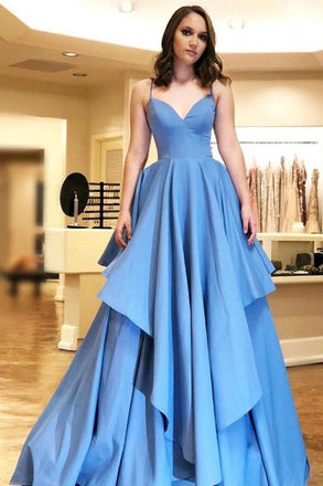 Simple A-Line Spaghetti Straps Blue Satin Tiered Prom Dress INL83