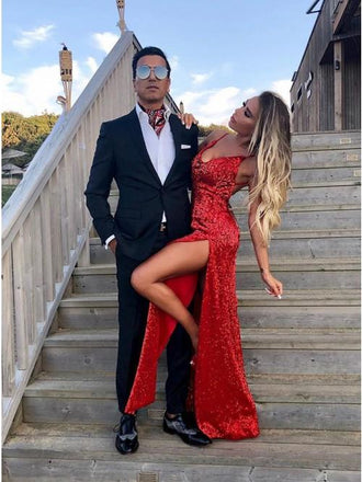 Sheath Spaghetti Straps Backless Red Sequined Prom Dress with Split INP8