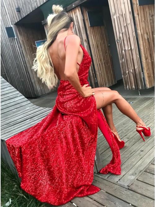 Sheath Spaghetti Straps Backless Red Sequined Prom Dress with Split INP8