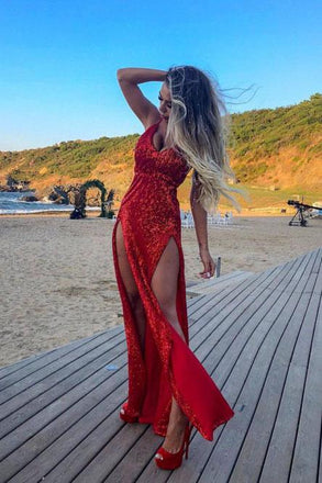 Sheath Spaghetti Straps Backless Red Sequined Prom Dress with Split INP8