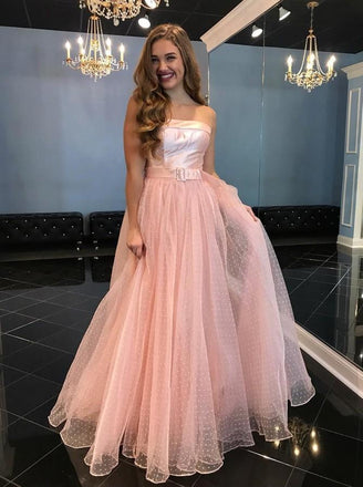 A-Line Strapless Floor-Length Pink Tulle Prom Dress with Belt INL67