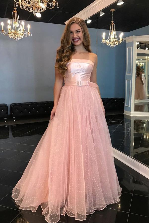 A-Line Strapless Floor-Length Pink Tulle Prom Dress with Belt INL67