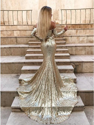 Mermaid Long Split Prom Dress Gold Sequined Evening Dress with Sleeves INP6